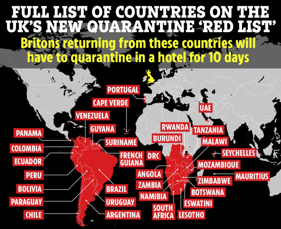 There are 33 countries on the UK’s high risk list which will soon have to quarantine at a hotel