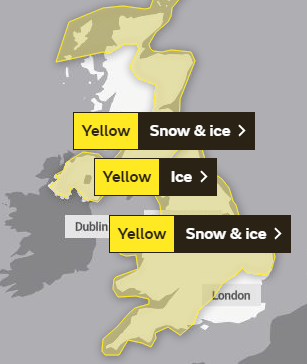 Warnings for snow and ice are in place for more of the UK today