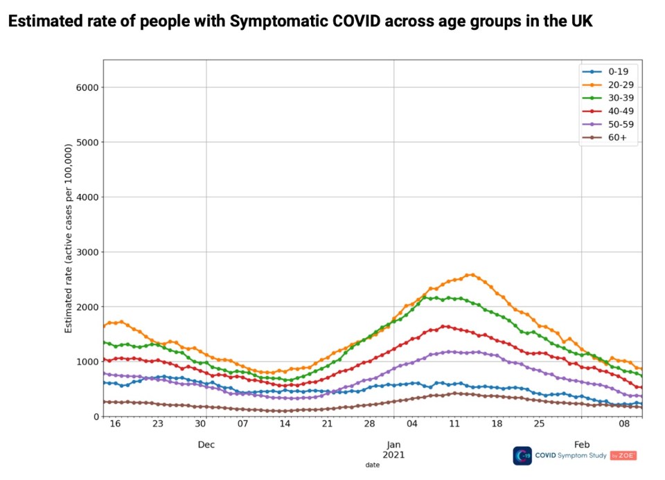 The chart above shows how cases of the virus have fallen across all age groups