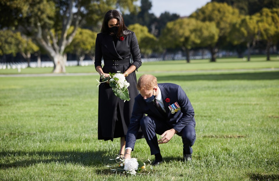 Harry and Meghan laid a wreath at an LA cemetery in November after reportedly not being allowed to have one laid at the Cenotaph