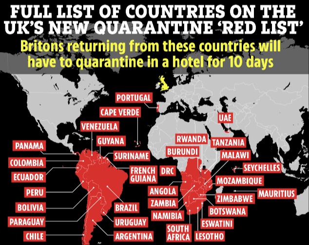 Passengers arriving from 'red list' countries will be forced to stay in the rooms for 11 days