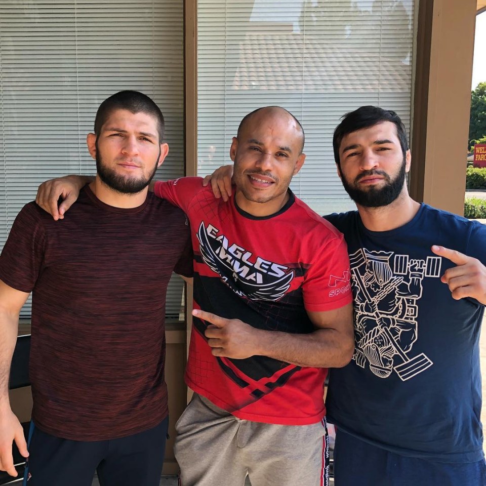 Khabib pictured with his manager Ali Abdelaziz, middle