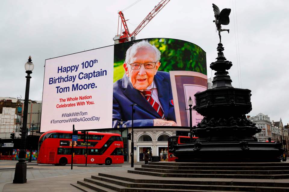 Birthday messages for Captain Tom moore were displayed on the advertising boards in Piccadilly Circus