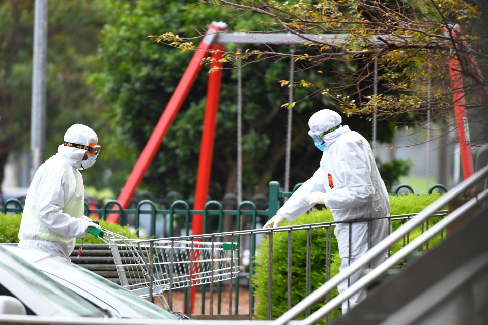 Health officials in hazmat suits in a public park in Melbourne