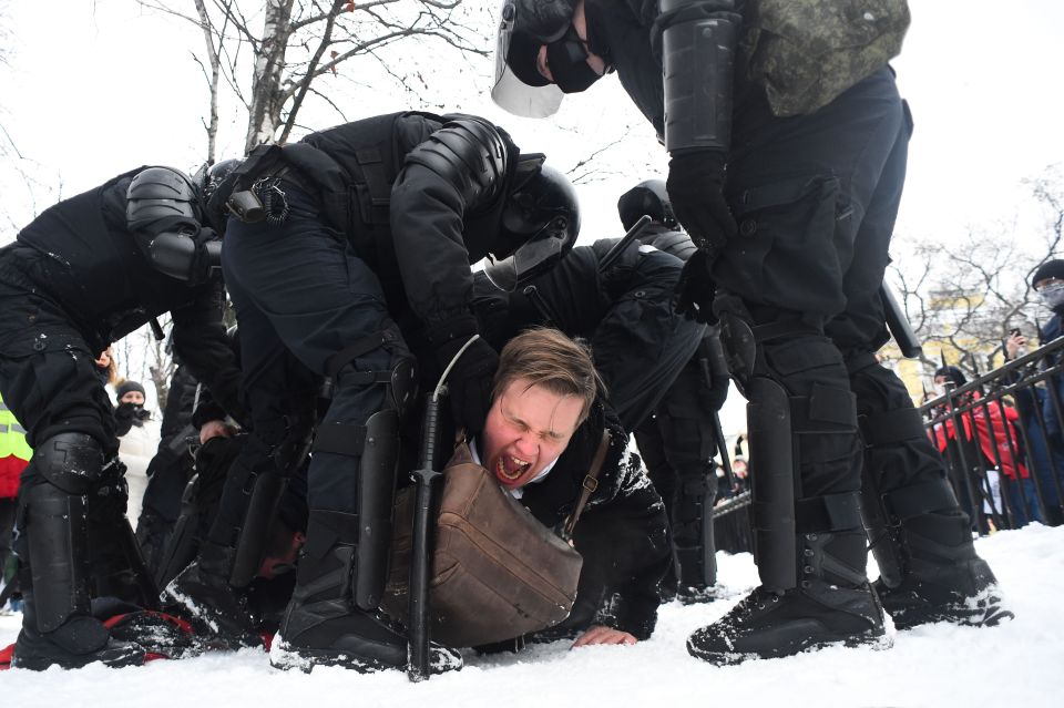 One man was heard yelling 'I can't breathe' as the protests against Navalny's arrest turned ugly