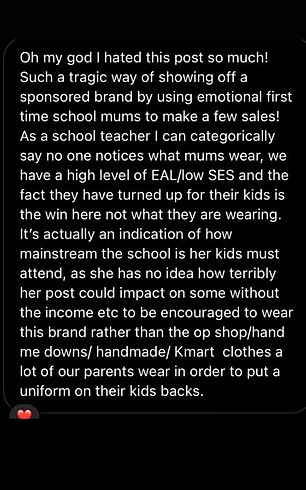 She commented saying parents don't and shouldn't care what mums wear and that she 'hated' the post for suggesting otherwise