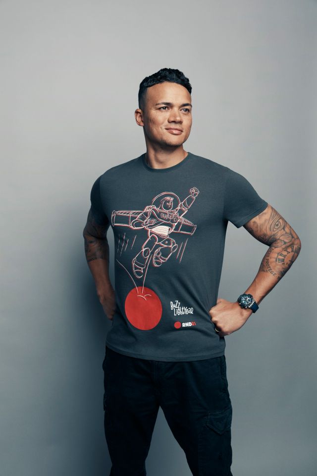 Jermaine Jenas looked stylish in a grey Buzz Lightyear T-shirt