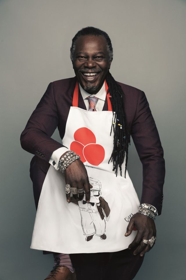 Levi Roots looks like he can't wait to get cooking in his Up apron