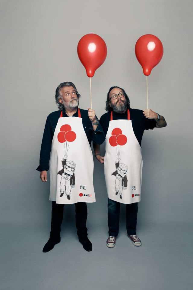 The Hairy Bikers replicated their Up aprons by holding on to red balloons