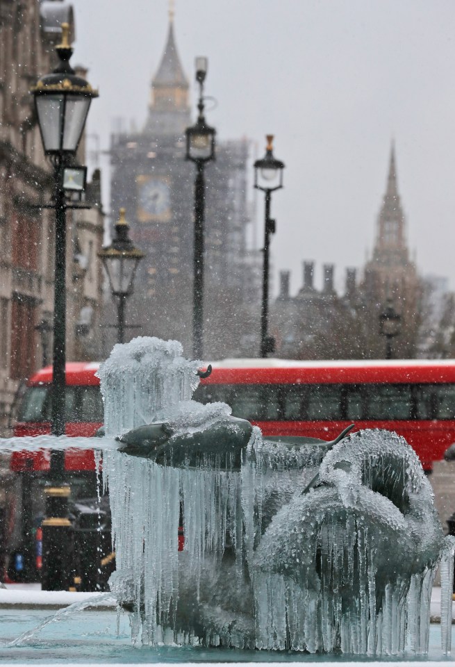 Icicles on the fountain in Trafalgar Square as temperatures dropped below freezing in London