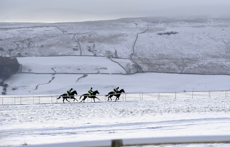 Heavy snowfall across the Pennine hilltops doesn't stop racehorses making their way to the gallops on Middleham Moor, North Yorkshire