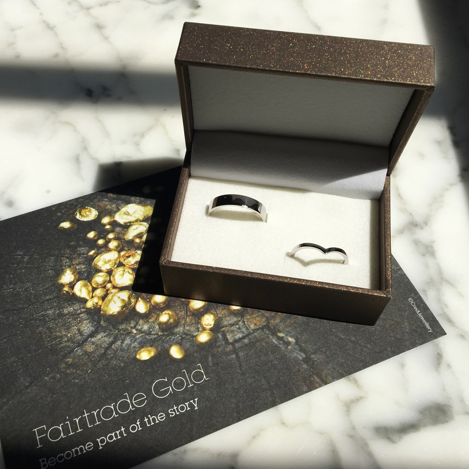 The couple will exchange hand-etched ethical wedding bands from Lebrusan Studio in London’s famous Hatton Garden