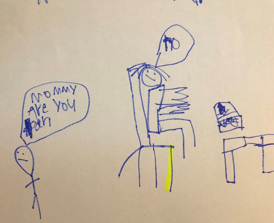 Priya Amin shared a drawing her six-year-old son had done of her working from home being busy