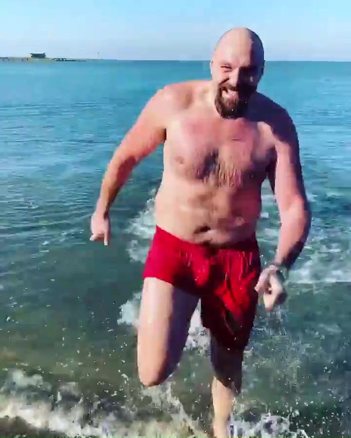 Footage emerged of Tyson Fury jumping into a the freezing sea at Morecambe bay