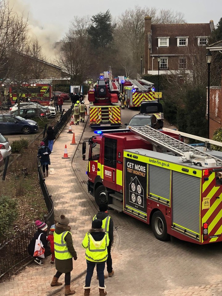 Fire trucks line the street