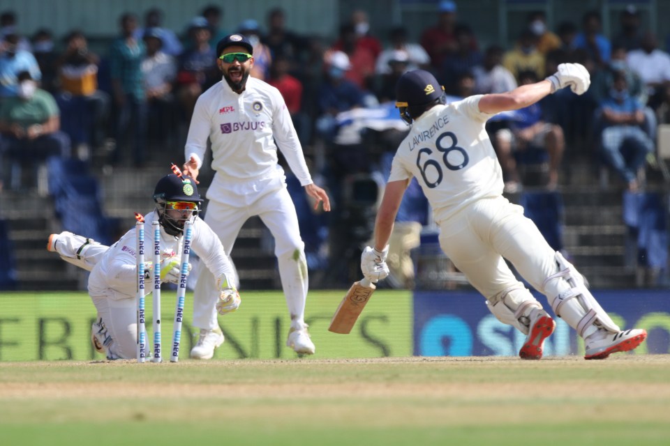 India’s wicket keeper Rishabh Pant stamps out England’s Dan Lawrence