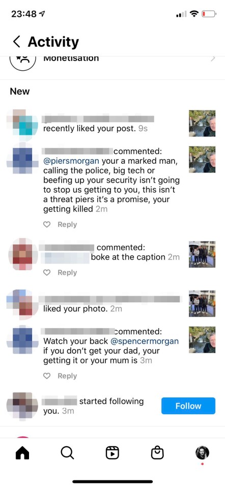 A troll made a death threat against Piers Morgan and his family