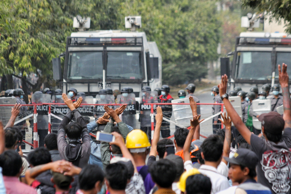 People protesting against the military coup, in Mandalay, Myanmar - where two people have been killed