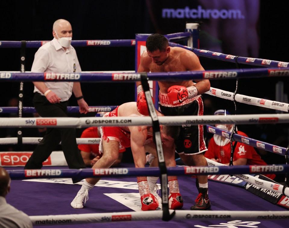 Kelly was knocked down twice before his corner threw in the towel the sixth round