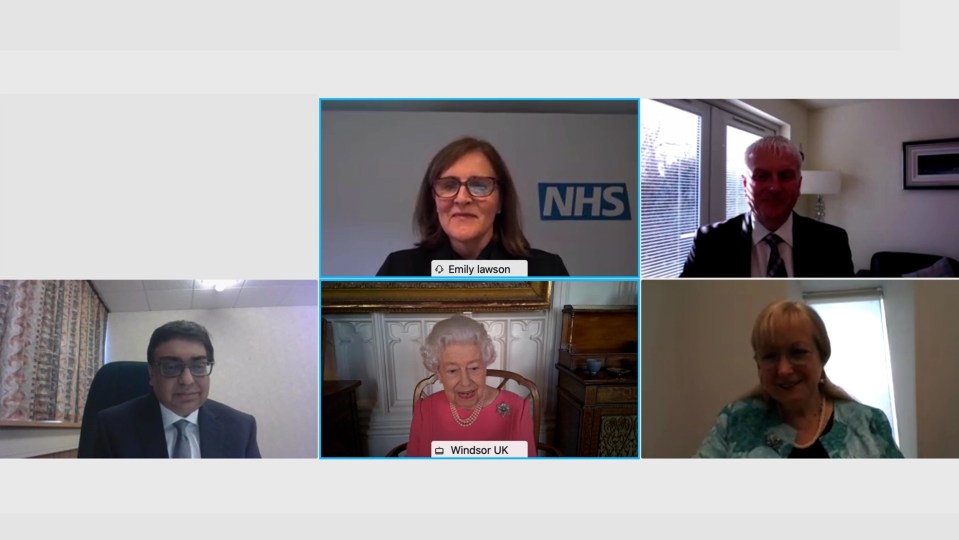 The Queen on video call with NHS England's Dr Emily Lawson, Scotland's Derek Grieve, Northern Ireland's Dr Naresh Chada and Wales' Dr Gillian Richardson