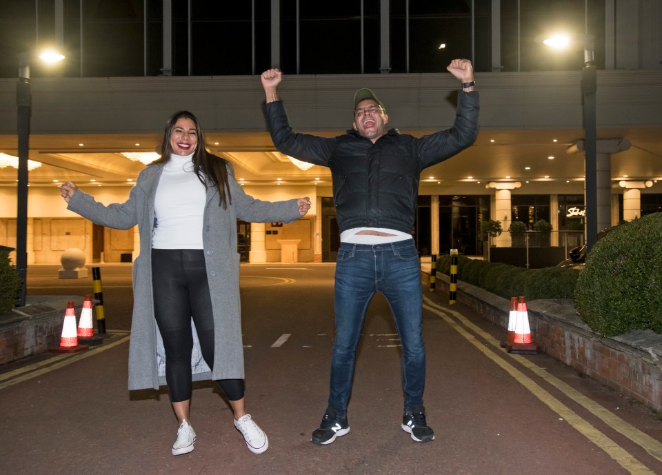 Brazilian couple Wagner and Elaine Araujo celebrate as they leave the Radisson hotel near Heathrow Airport