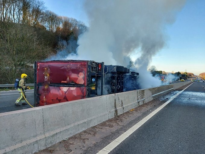 A lorry which was carrying tinned fruit has caught fire on the M6