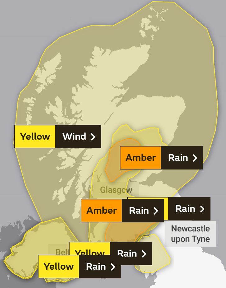 A new amber warning for heavy rain has been issued for parts of Scotland