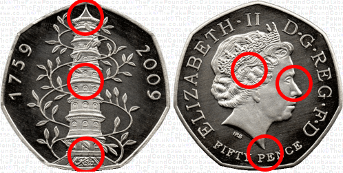 Example one shows tell-tale signs of a fake Kew Garden 50p