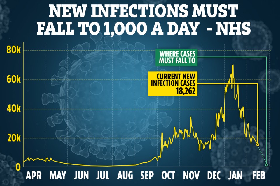 NHS bosses say the number of new cases must drop by 95 per cent before lockdown is lifted