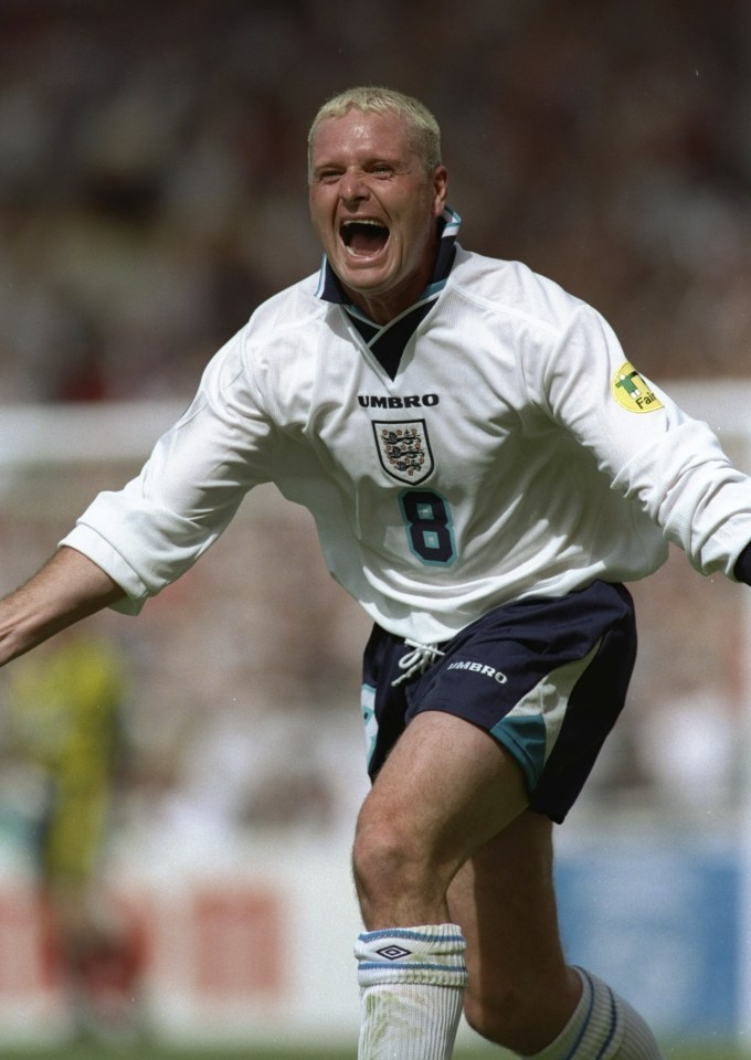 Gazza celebrates scoring for England against Scotland in 1996