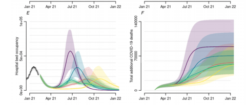 How hospital inpatients and deaths could pan out under a lockdown easing similar to that being drawn up by the PM (light green lines)