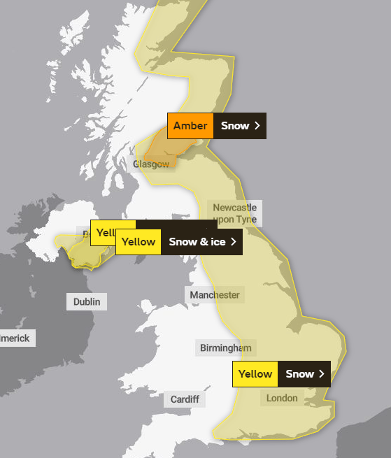 Snow and ice warnings are in place across the UK today