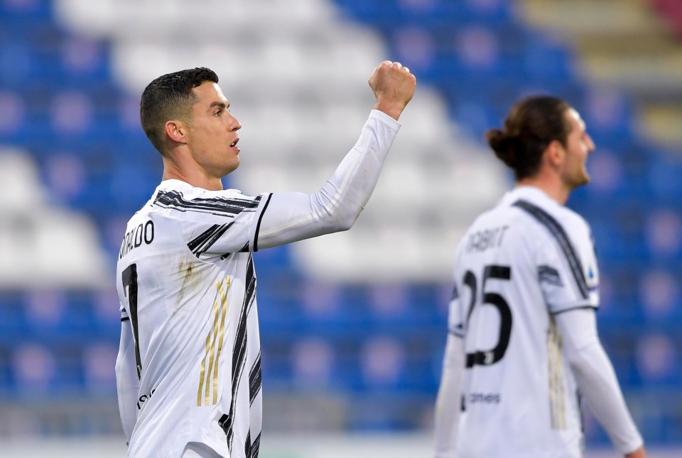 Cristiano Ronaldo, 36, celebrates clinching his hat-trick against Cagliari - the goals took his career tally to a whopping 770