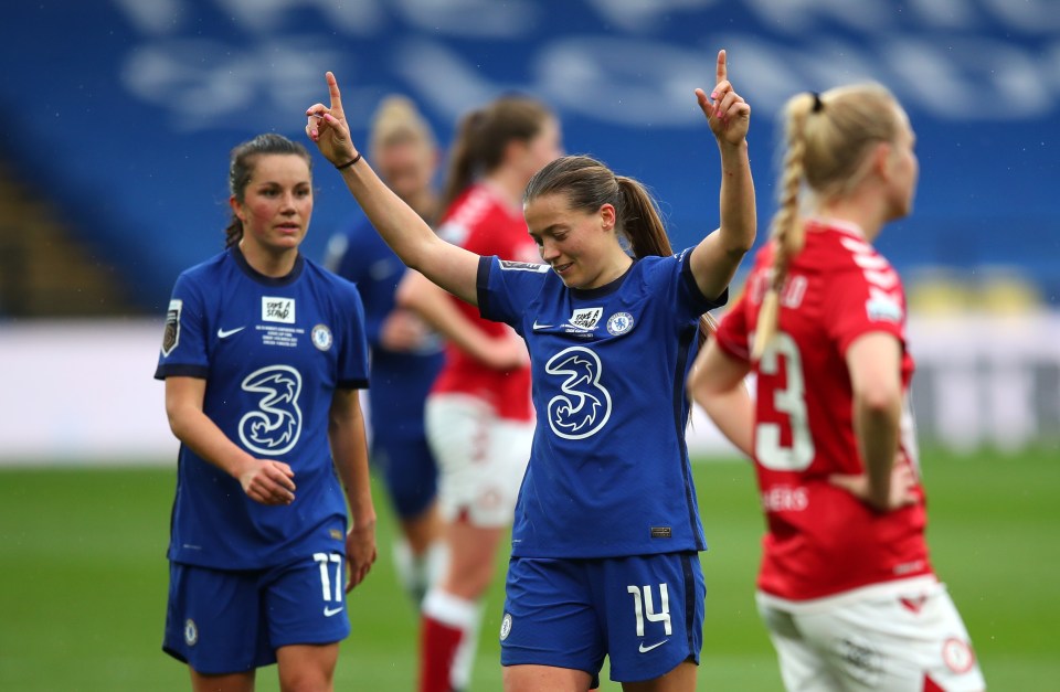 Fran Kirby scored twice and paid an emotional tribute to her late mum on Mother's Day