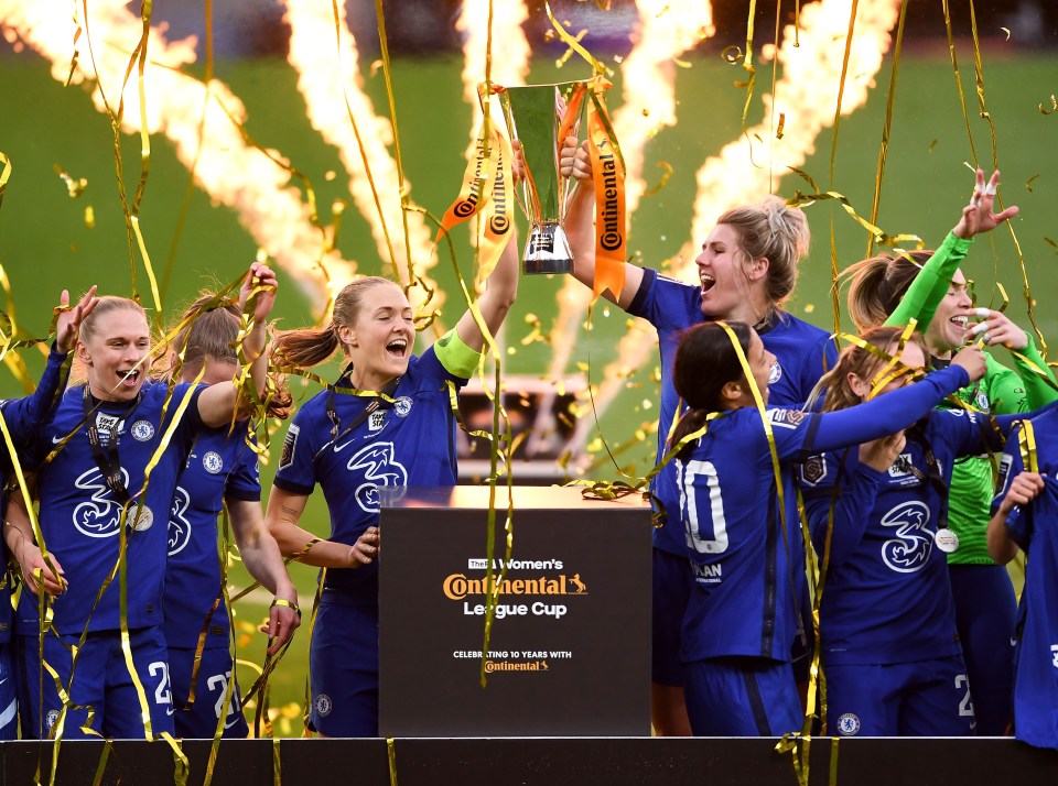 Magdalena Eriksson (left) and Millie Bright (right) lift the League Cup trophy after their 6-0 romp over Bristol City