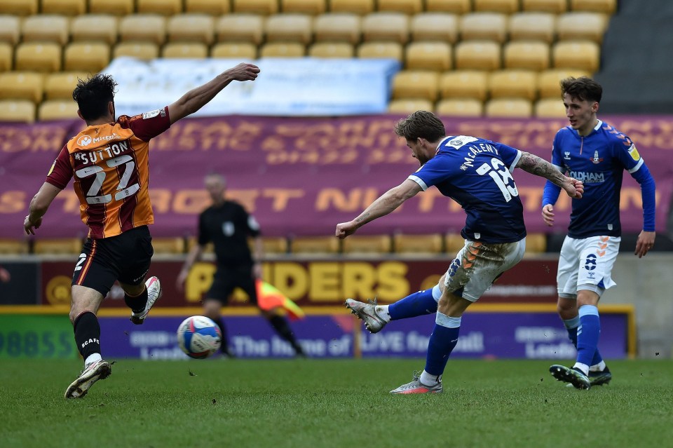 Oldham’s top scorer Conor McAleny was twice denied in the goalless draw at Bradford