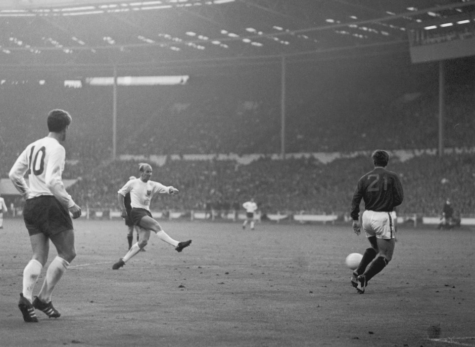 Bobby Charlton lets fly to score a rocket against Portugal in the 1966 World Cup semi-final