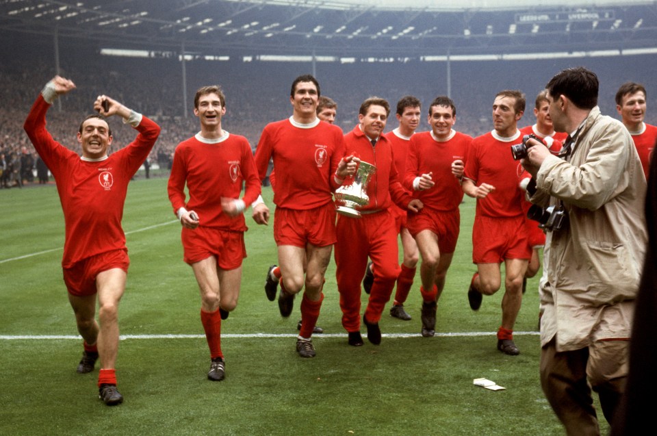 Ian St John, on the far left, is seen celebrating their 2-1 win at the FA Cup final