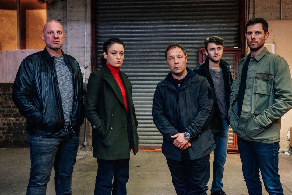 From left, gangsters Miroslav Minkowicz (Tomi May), Lisa McQueen (Rochenda Sandall), DS Corbett, Ryan and Lee Banks (Alastair Natkiel)