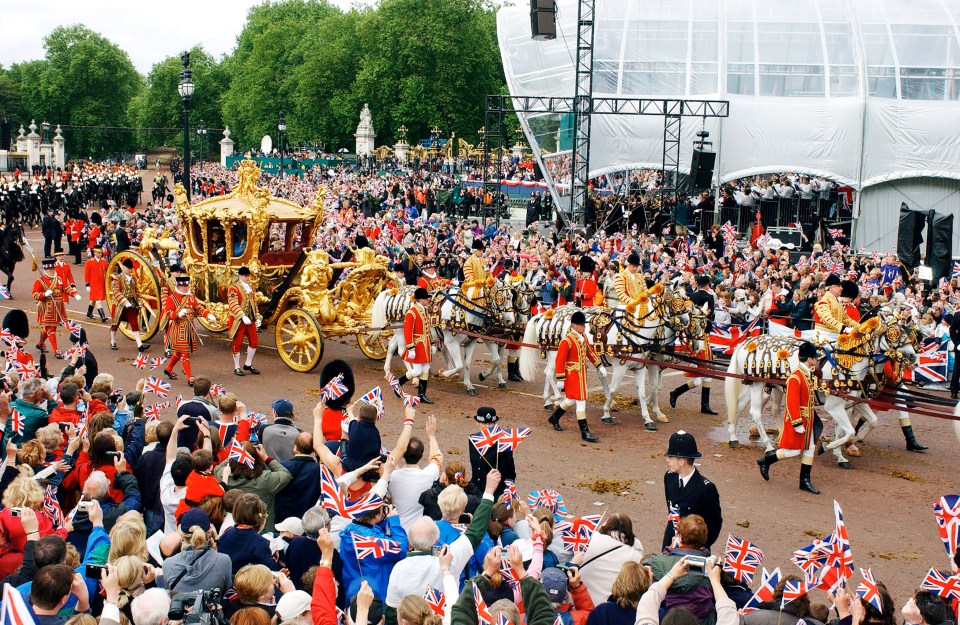 The Queen's Golden Coach on its way to St. Paul's Cathedral for the service to celebrate the Golden Jubilee on June 4, 2002