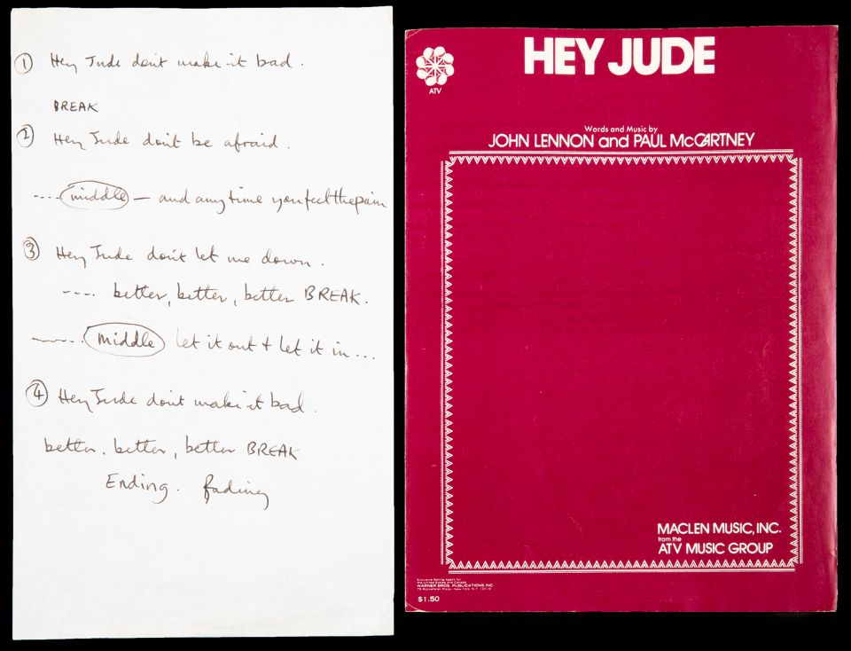 Last year the handwritten lyrics for a studio recording in 1968 of Hey Jude went for £652,760 at an auction