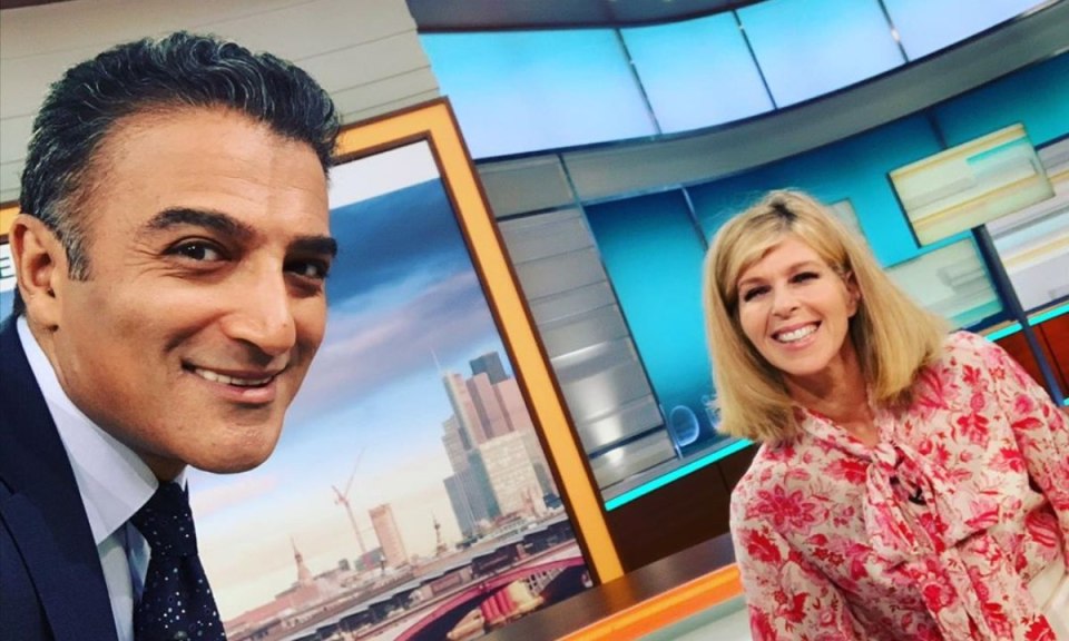 Adil Ray posing for a selfie alongside Kate Garraway on the Good Morning Britain set