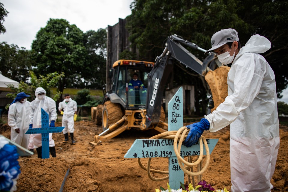 People work at the burial of a Covid victim at a cemetery, in Manaus, Amazonas, Brazil