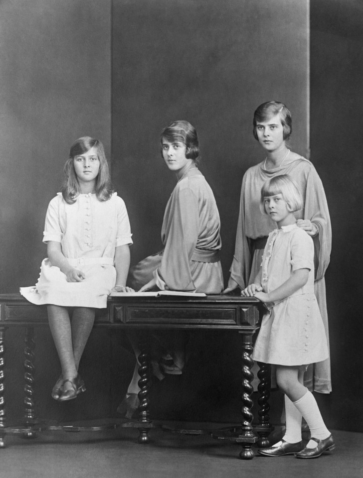 Left to right: Princess Cecilie, Princess Margarita, and Princess Theodora with Princess Sophie standing in front