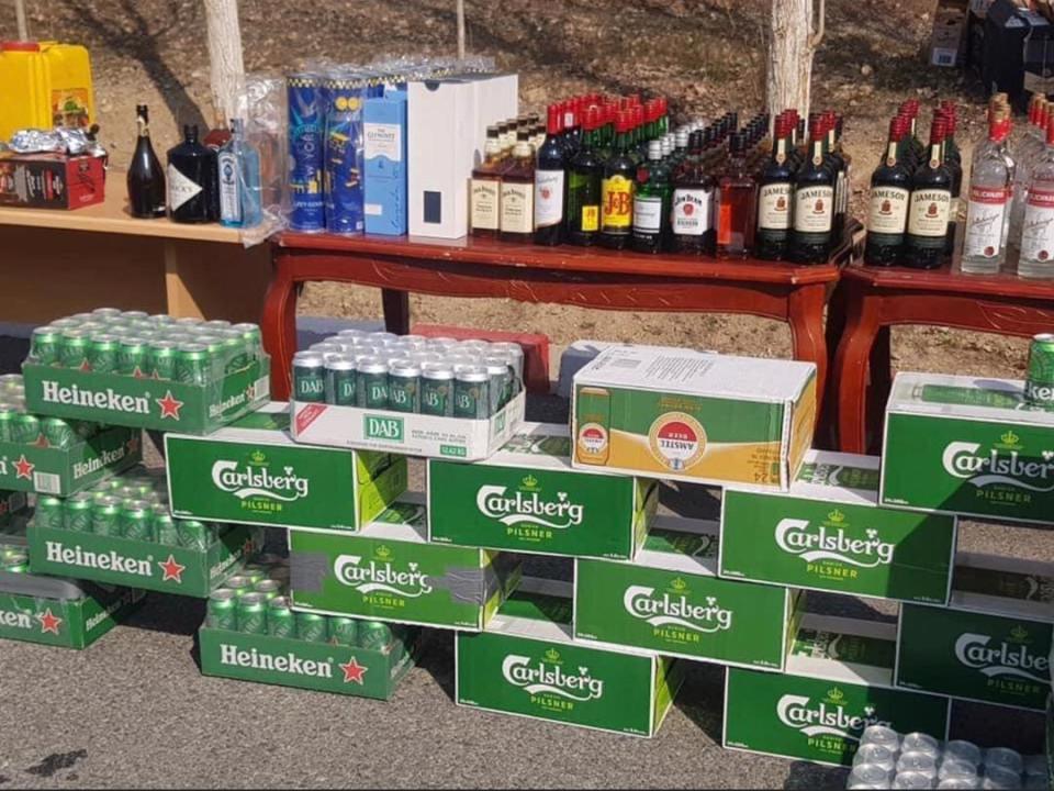 Cops seized 10 different types of beer and 14 brands of whisky as well as vodka, gin, champagne and liquers