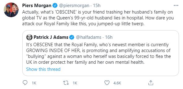 Piers Morgan said the only thing 'obscene' is 'your friend trashing her husband's family on global TV'