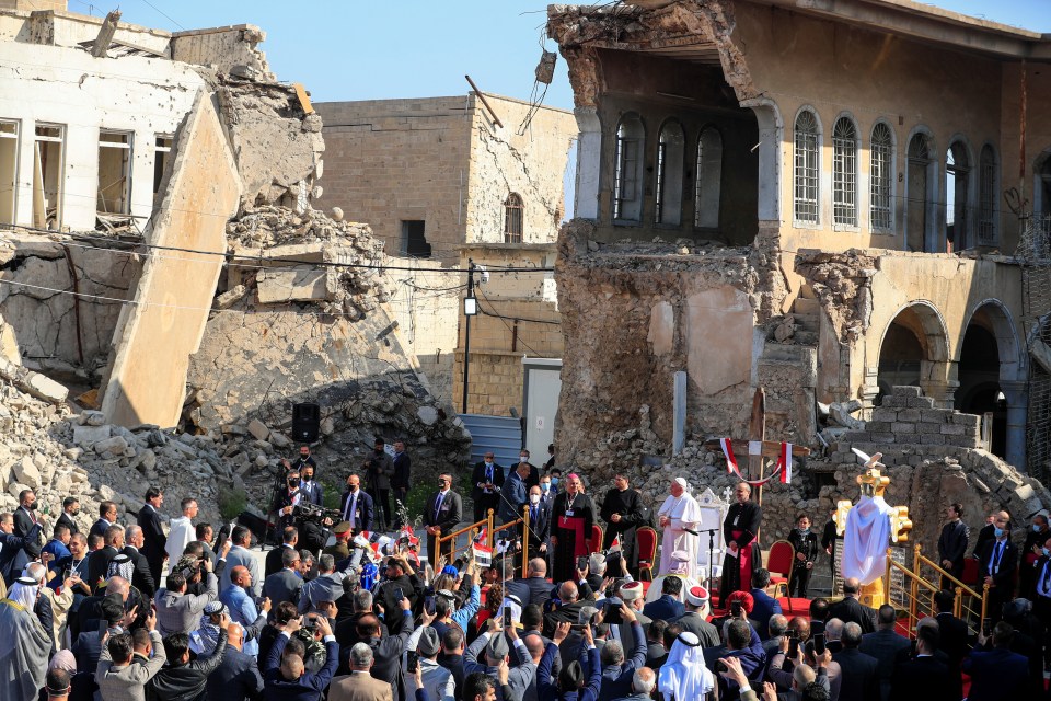 The Pontiff held the special service in front of the ruins of a historic church