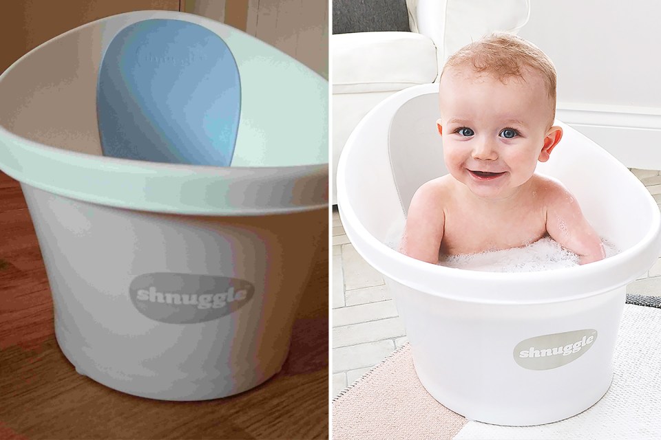 One of the items currently up for grabs is this baby bath, left, while the tub brand new, right, would set you back £25