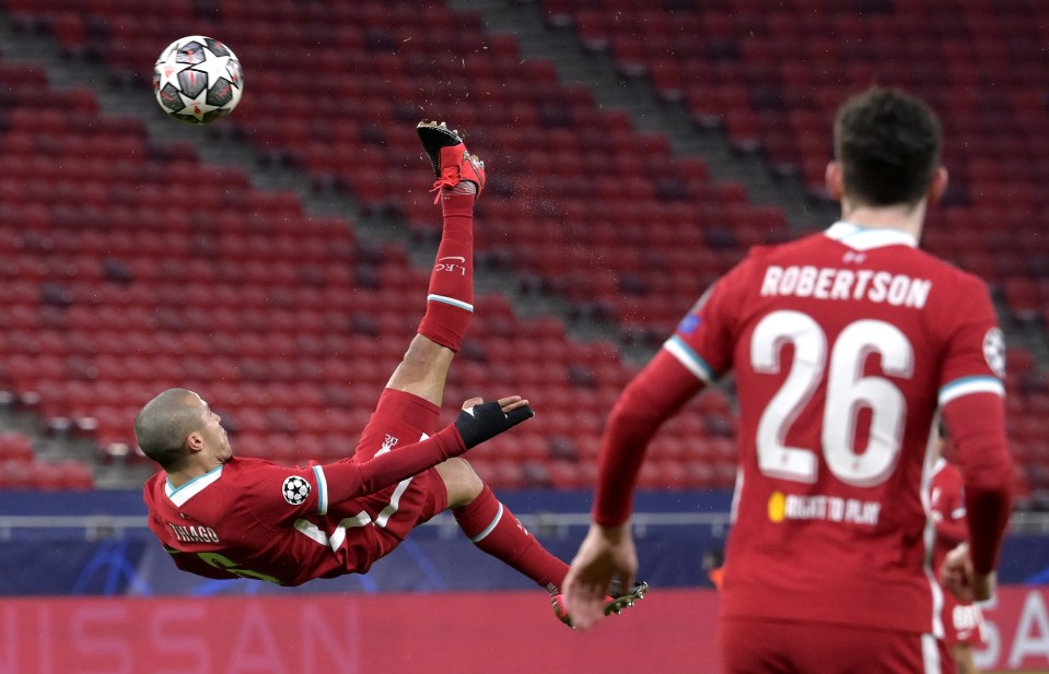 Thiago Alcantara fires in an overhead kick during the second leg in Hungary