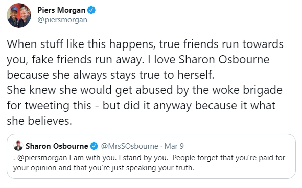 Sharon Tweeted she 'stood by' Piers following his comments on Meghan Markle